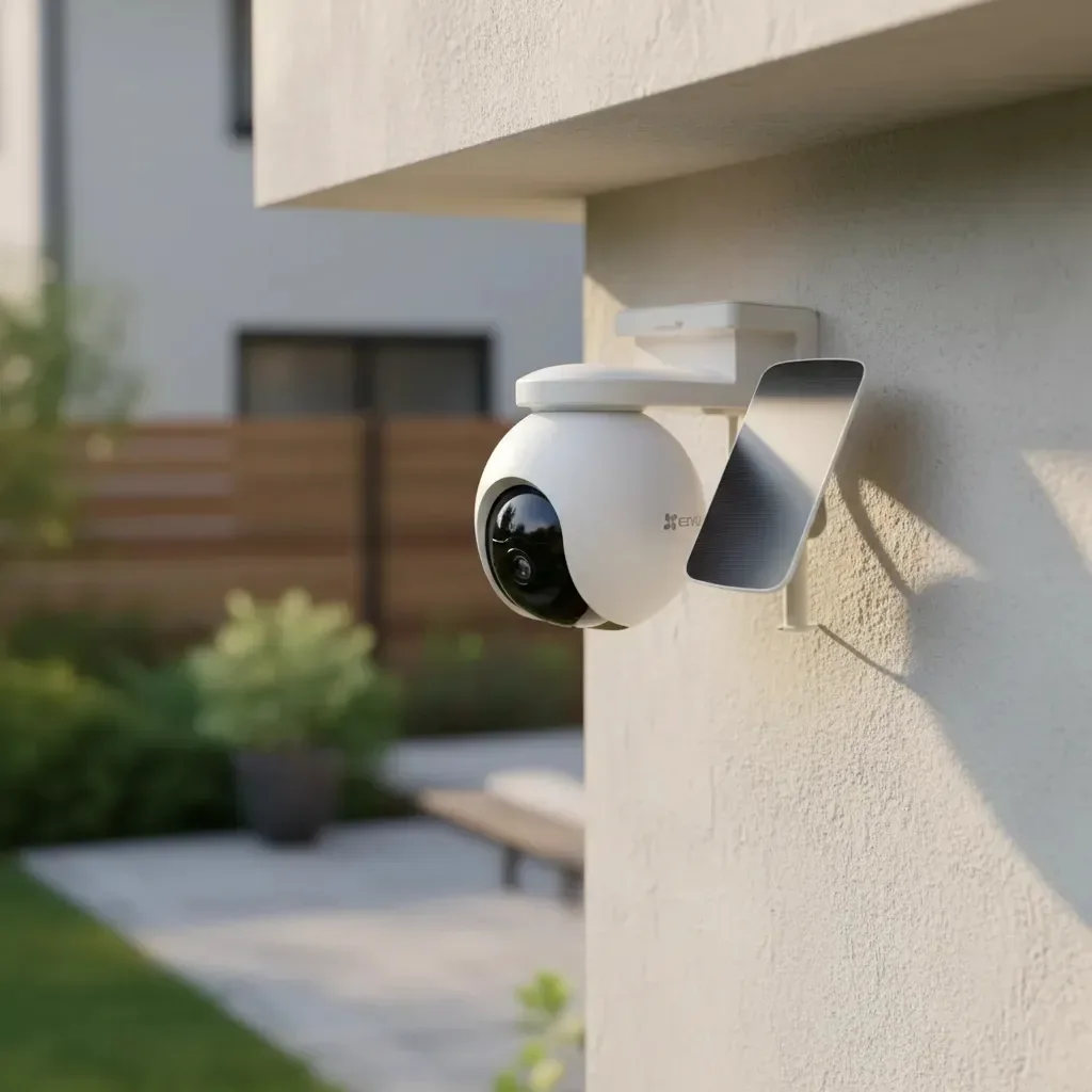 Cámara de seguridad exterior instalada en una vivienda moderna